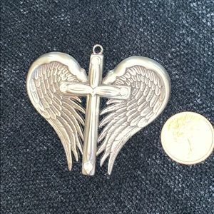 LARGE silver Cross/angel wing pendant w/rhinestone